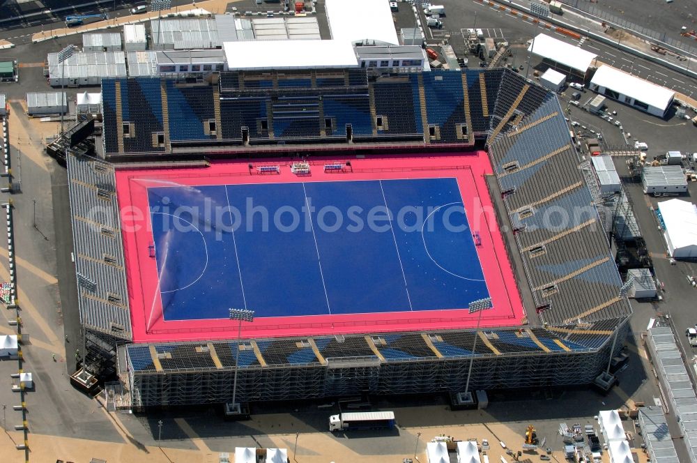 London from the bird's eye view: Hockey field Riverbank Arena in Olympic Park one of the Olympic and Paralympic venues for the 2012 Games in Great Britain