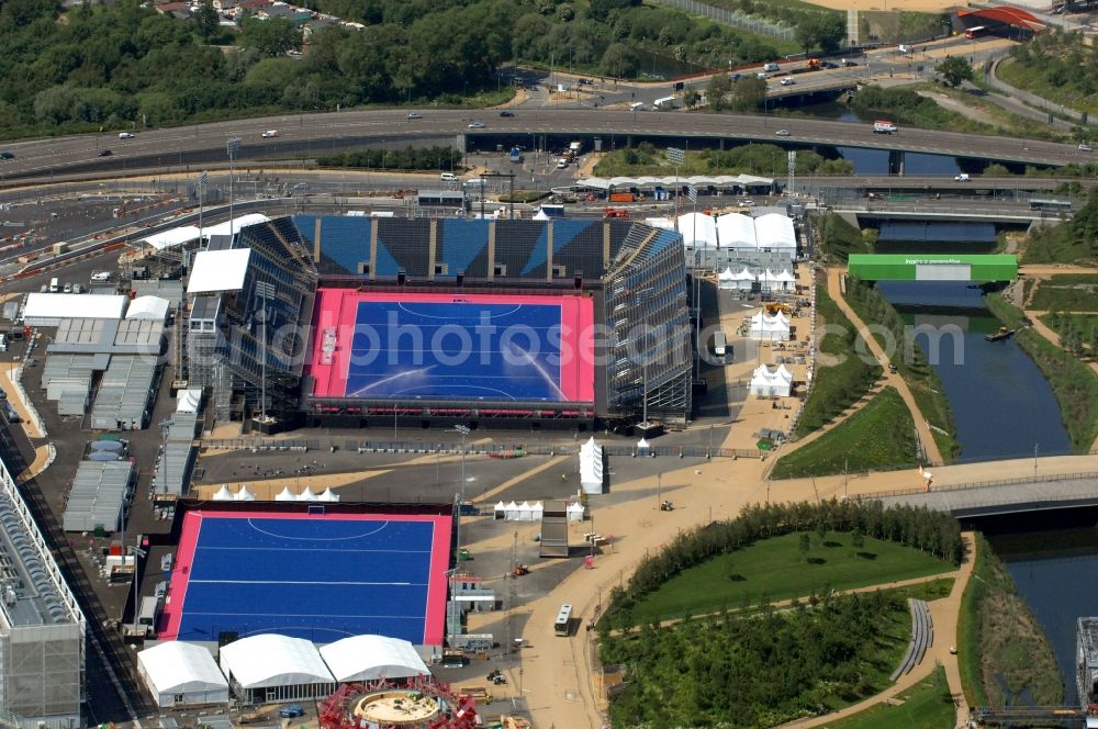 London from the bird's eye view: Hockey field Riverbank Arena in Olympic Park one of the Olympic and Paralympic venues for the 2012 Games in Great Britain
