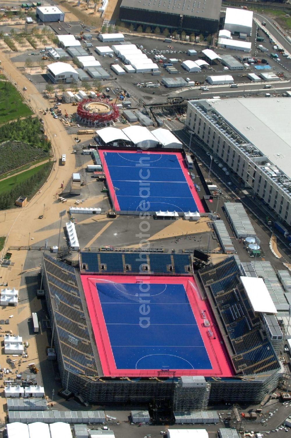London from above - Hockey field Riverbank Arena in Olympic Park one of the Olympic and Paralympic venues for the 2012 Games in Great Britain