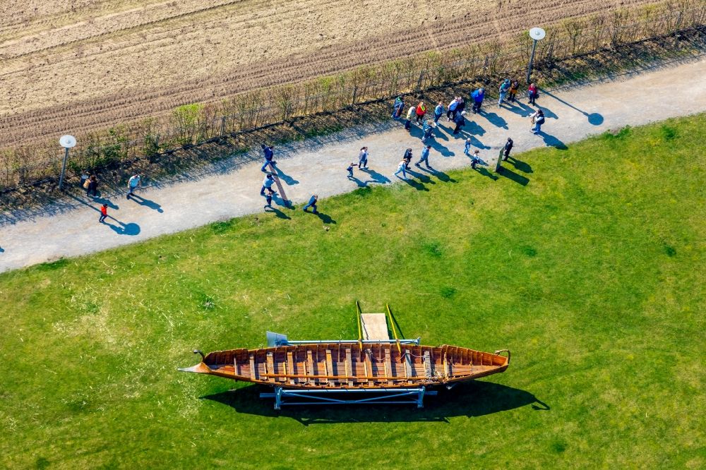 Aerial image Haltern am See - Boat on the grounds of Museum building ensemble of LWL Roman Museum in Haltern am See in the state of North Rhine-Westphalia. Here the most important finds from all Roman camps along the lip are issued