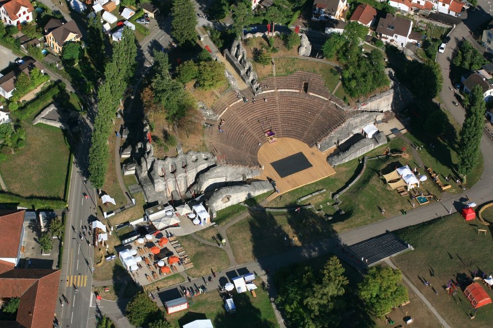 Augst from the bird's eye view: Historic Roman Theatre in Kaiseraugst in the canton Basel-Landschaft, Switzerland
