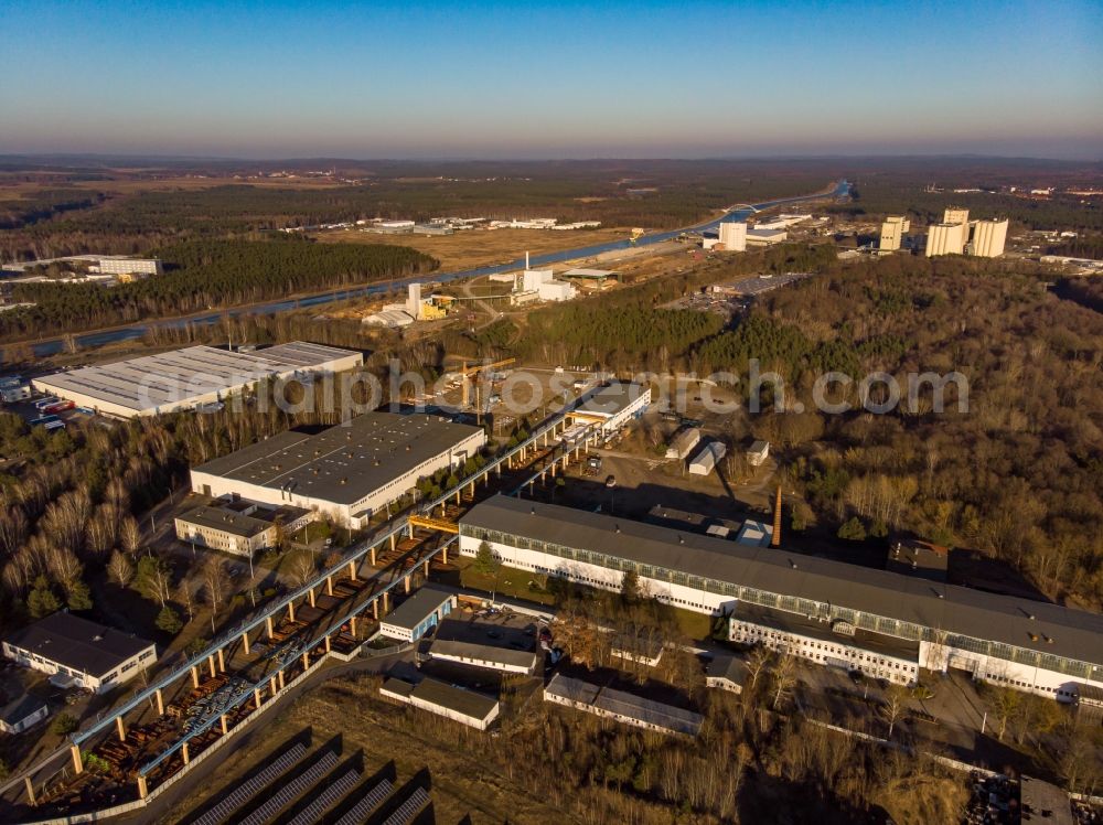 Eberswalde from the bird's eye view: Buildings and production halls on the food manufacturer's premises Finow Rohrsysteme in Eberswalde in the state Brandenburg, Germany