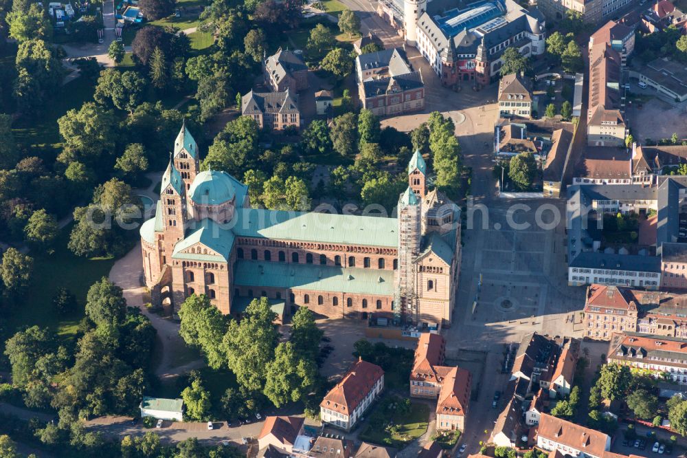 Speyer from above - Romanic Cathedral Dom zu Speyer in Speyer in the state Rhineland-Palatinate, Germany