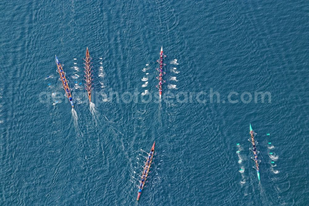 Aerial image Starnberg - Rowing boats at the rowing regatta Roseninsel-8er on the Starnberger See in front of Starnberg in the state of Bavaria. The event is annually organized by the Munich Rowing and Sailing Association