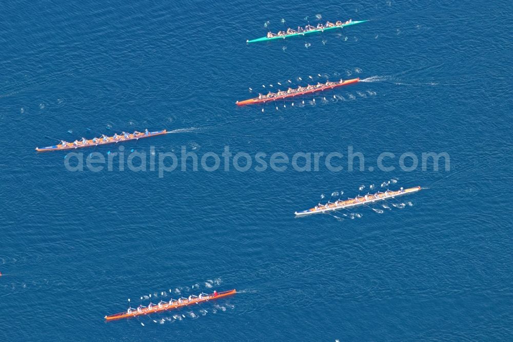 Aerial image Starnberg - Rowing boats at the rowing regatta Roseninsel-8er on the Starnberger See in front of Starnberg in the state of Bavaria. The event is annually organized by the Munich Rowing and Sailing Association