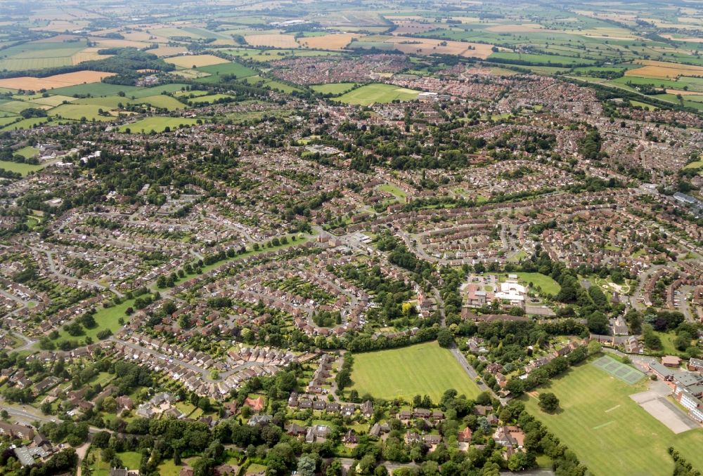 Rugby from the bird's eye view: Overview of the Overslade borough in Rugby, Warwickshire in England, United Kingdom