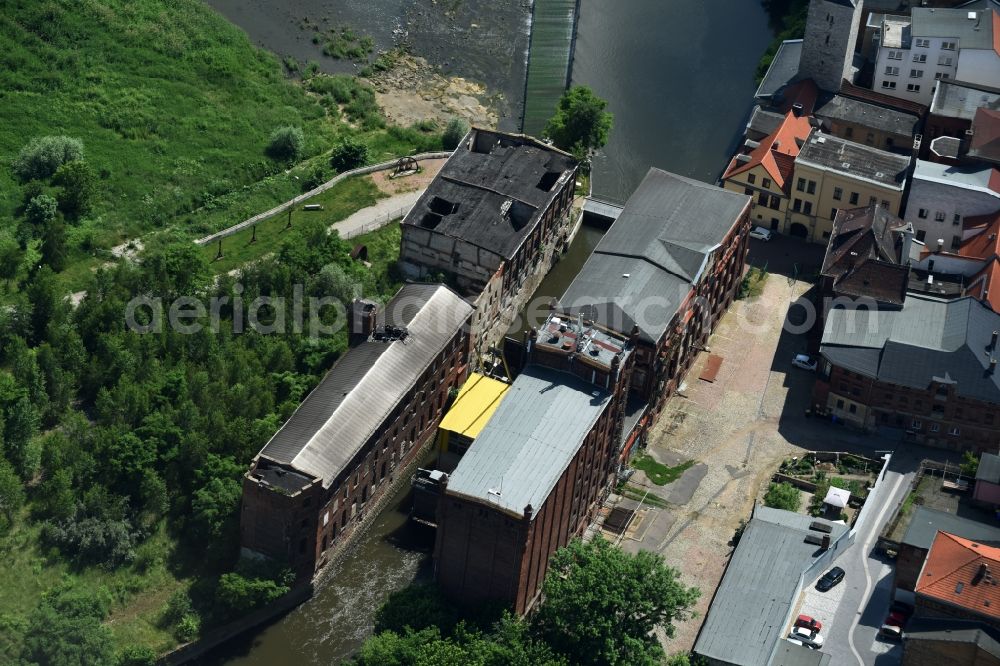 Calbe (Saale) from the bird's eye view: Ruins of the former factory - building of the grain mill and paperfactory in Calbe (Saale) in the state Saxony-Anhalt