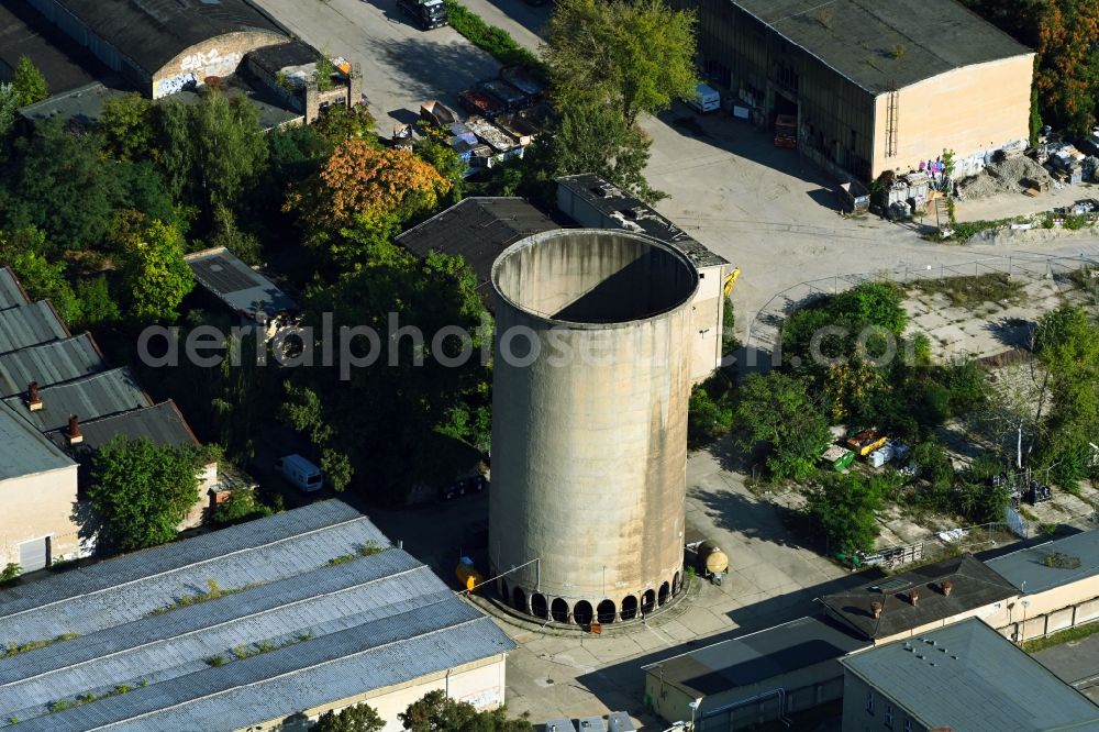Aerial photograph Berlin - Ruins of the former airfield hangars with a tower at the Flugplatz Johannisthal in the district Johannisthal in Berlin, Germany
