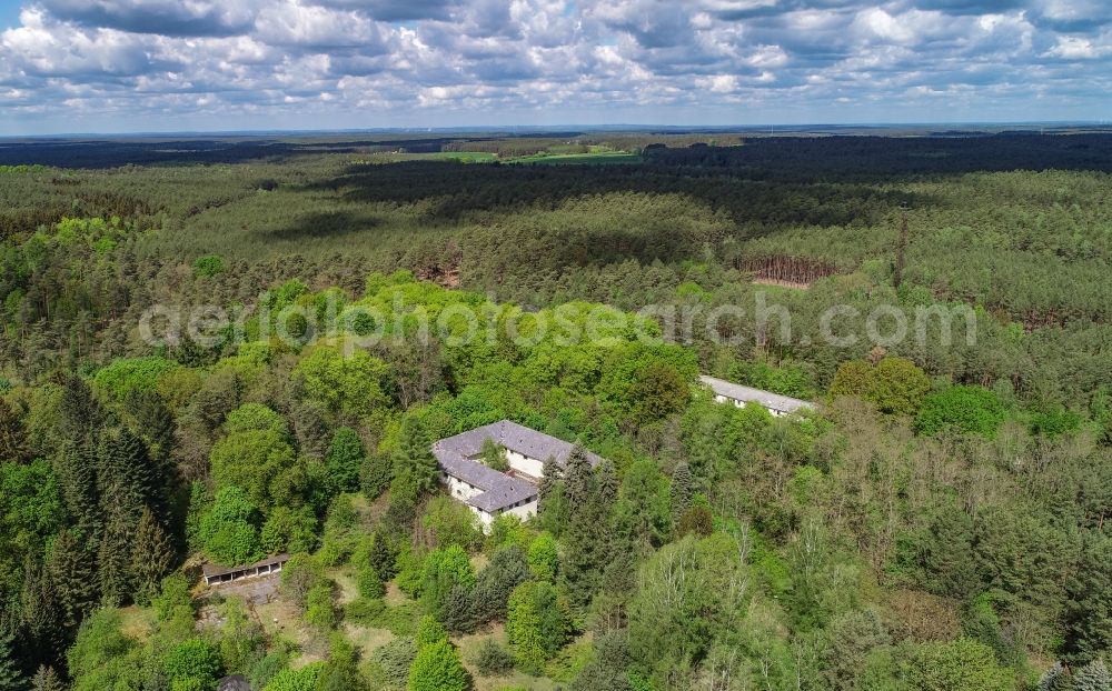 Aerial image Treppeln - Ruin of the decaying building structure of the former forester's house in Treppeln in the state Brandenburg, Germany