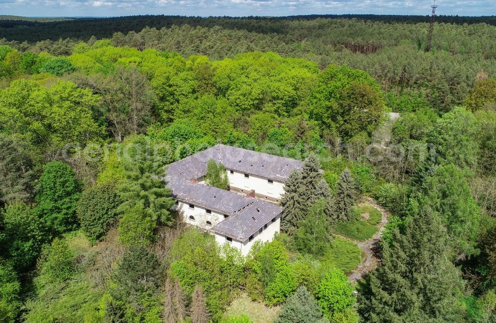 Aerial photograph Treppeln - Ruin of the decaying building structure of the former forester's house in Treppeln in the state Brandenburg, Germany