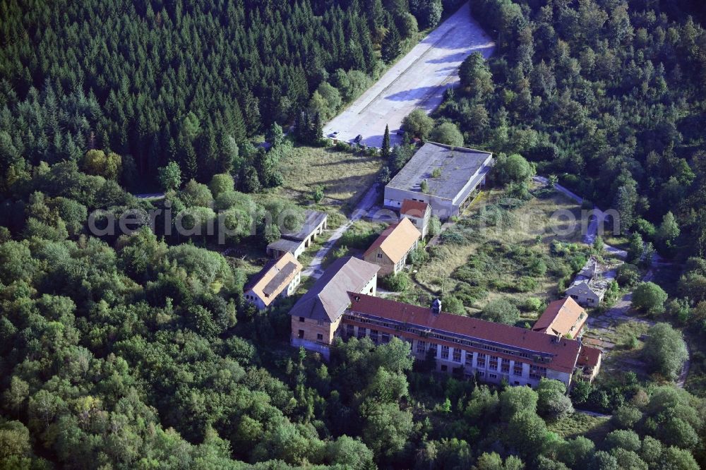 Aerial image Elbingerode (Harz) - Ruin the buildings and halls of the former ore mine of the show mine Buechenberg in the district Koenigshuette (Harz) in Elbingerode (Harz) in the state Saxony-Anhalt, Germany