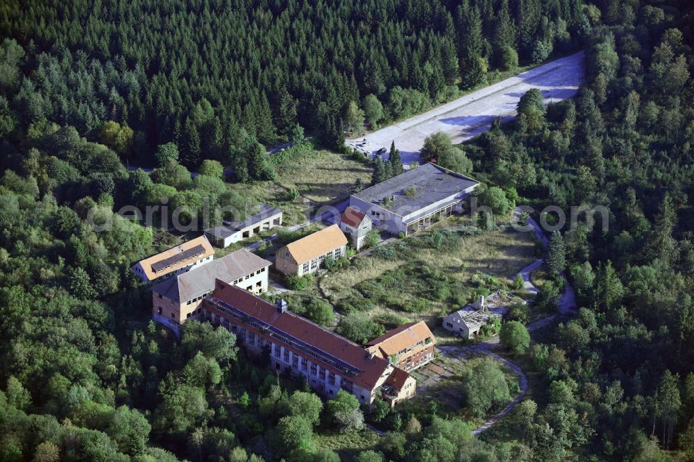 Aerial photograph Elbingerode (Harz) - Ruin the buildings and halls of the former ore mine of the show mine Buechenberg in the district Koenigshuette (Harz) in Elbingerode (Harz) in the state Saxony-Anhalt, Germany
