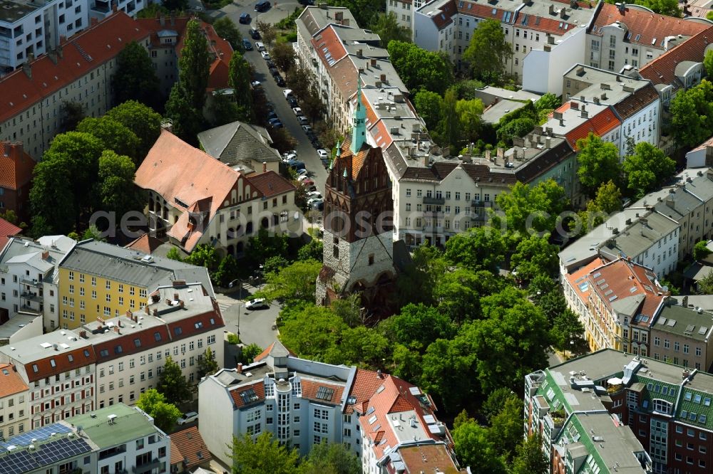 Berlin from above - Ruins of church building Bethanienkirche on Mirbachplatz - Pistoriusstrasse in the district Weissensee in Berlin, Germany