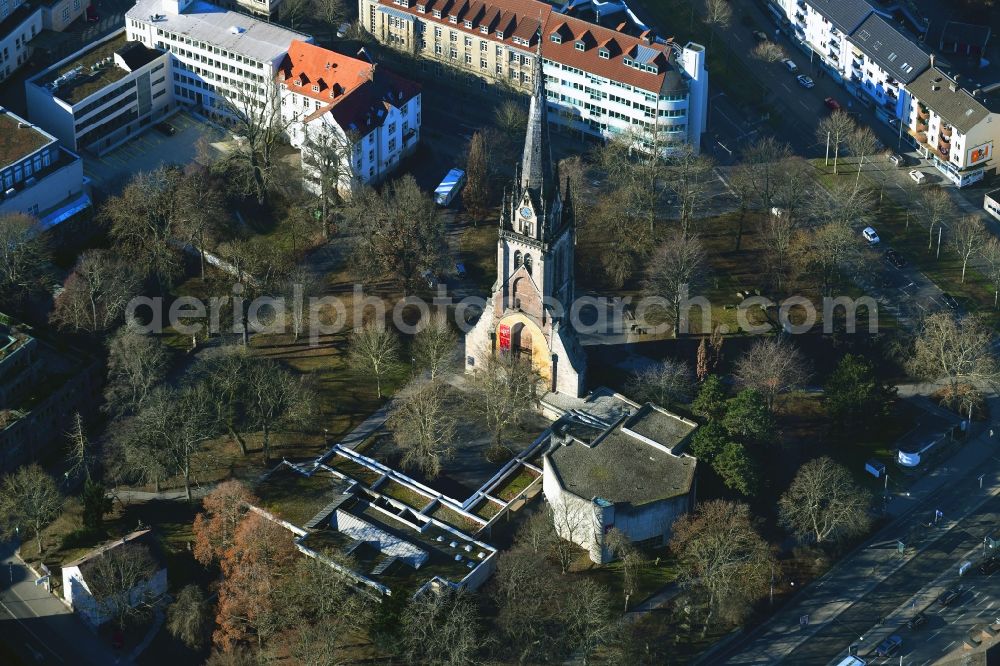 Aerial image Kassel - Ruins of church building Ev. Lutherkirche on Lutherplatz in Kassel in the state Hesse, Germany