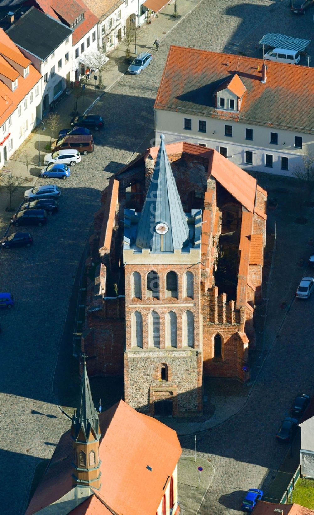 Aerial photograph Lieberose - Ruins of church building on Markt in Lieberose in the state Brandenburg, Germany
