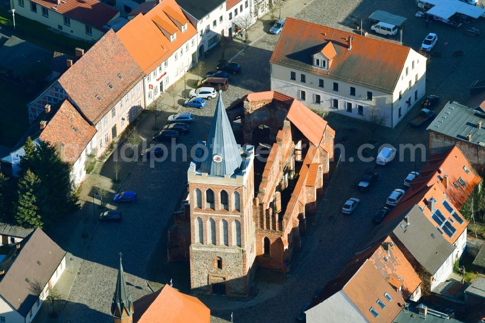 Lieberose from above - Ruins of church building on Markt in Lieberose in the state Brandenburg, Germany