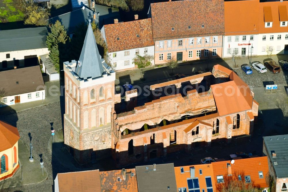Aerial image Lieberose - Ruins of church building on Markt in Lieberose in the state Brandenburg, Germany
