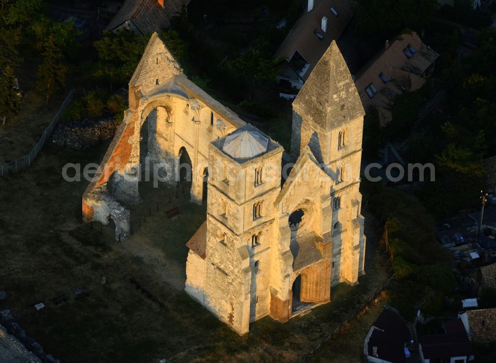 Zsambek from above - Ruins of church building Zsambeki Romtemplom in Zsambek in Komitat Pest, Hungary