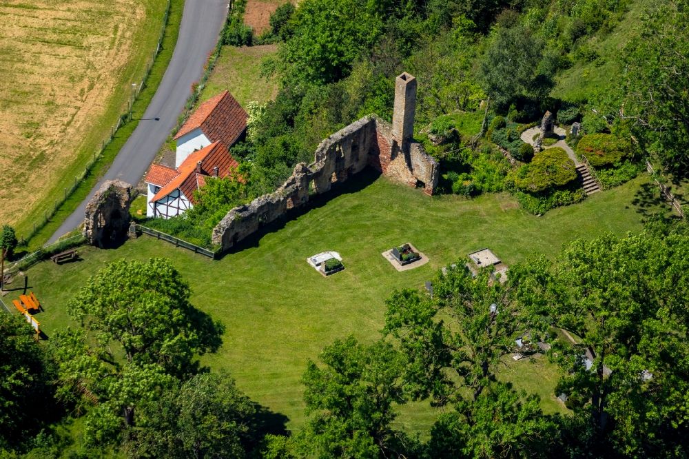 Waldeck from the bird's eye view: Ruins and remains of the former monastery in Ober-Werbe in the state Hesse, Germany