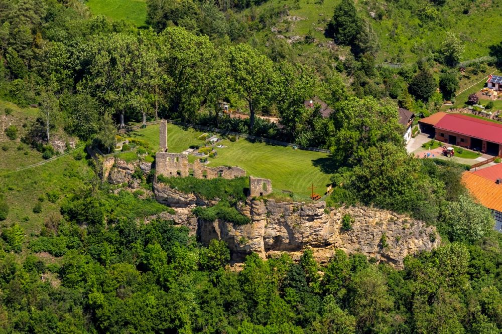 Waldeck from the bird's eye view: Ruins and remains of the former monastery in Ober-Werbe in the state Hesse, Germany