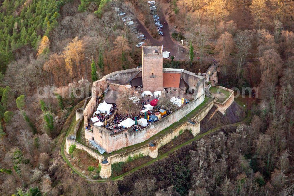 Klingenmünster from the bird's eye view: ruins and vestiges of the former fortress Burg Landeck in Klingenmuenster in the state Rhineland-Palatinate, Germany