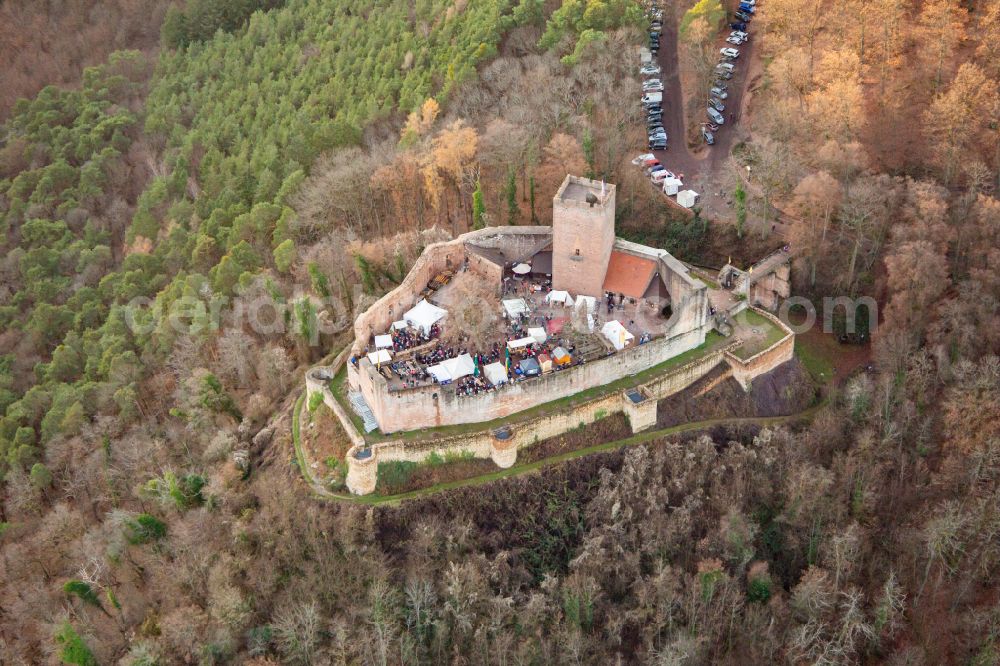 Aerial image Klingenmünster - ruins and vestiges of the former fortress Burg Landeck in Klingenmuenster in the state Rhineland-Palatinate, Germany