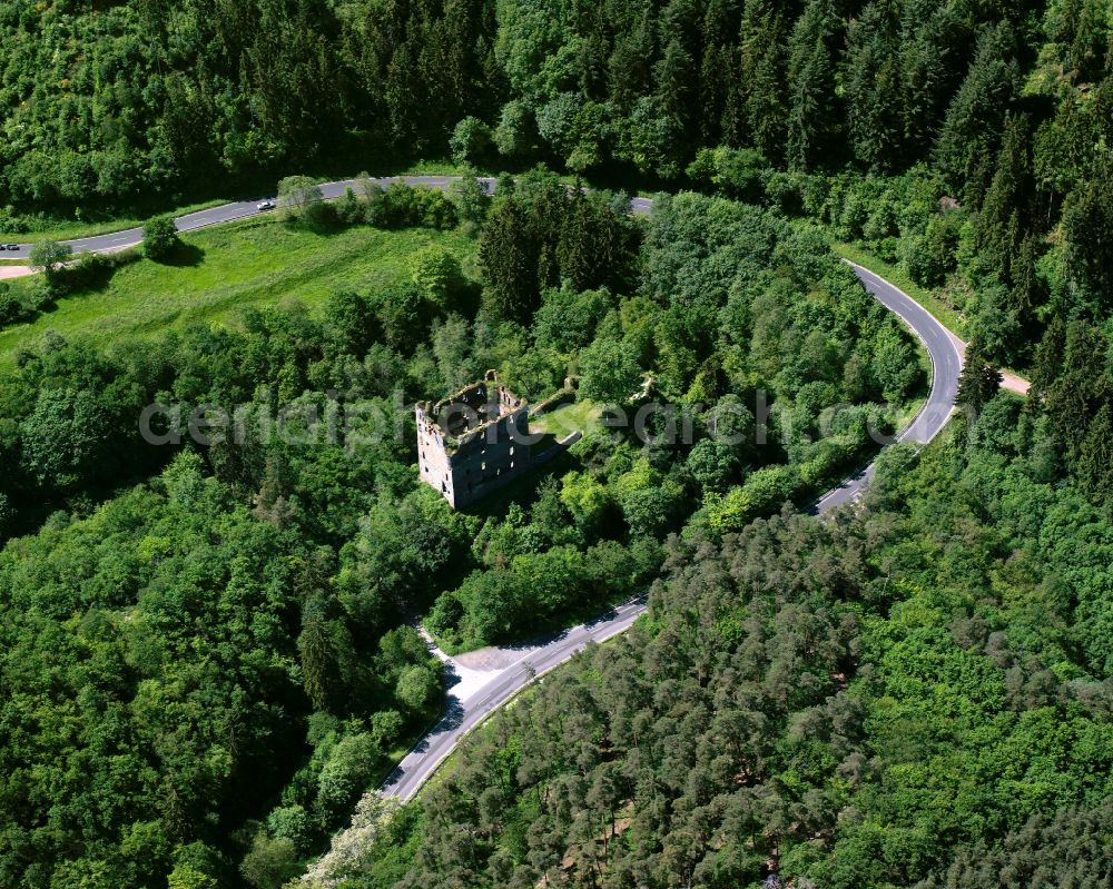 Buch from above - Ruins and vestiges of the former castle Baluinseck in Buch in the state Rhineland-Palatinate, Germany
