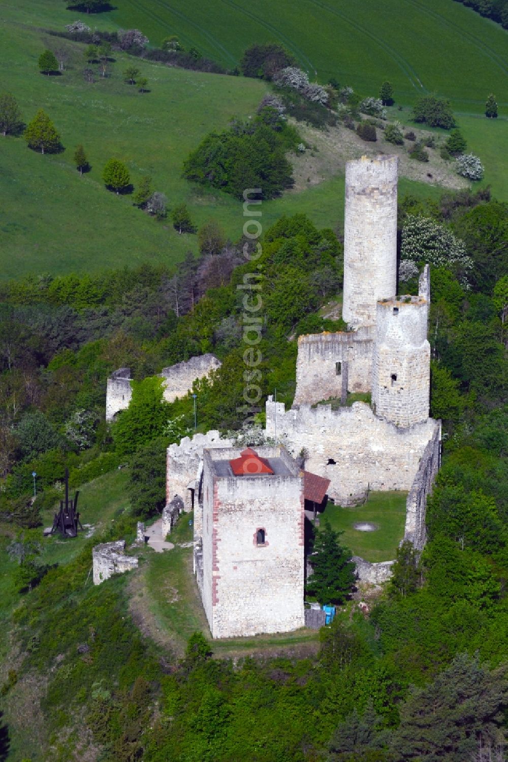 Gerstungen from above - Ruins and vestiges of the former castle Brandenburg in Gerstungen in the state Thuringia, Germany