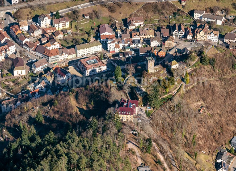 Hornberg from the bird's eye view: Ruins and vestiges of the former castle with Burghotel in Hornberg in the state Baden-Wuerttemberg, Germany