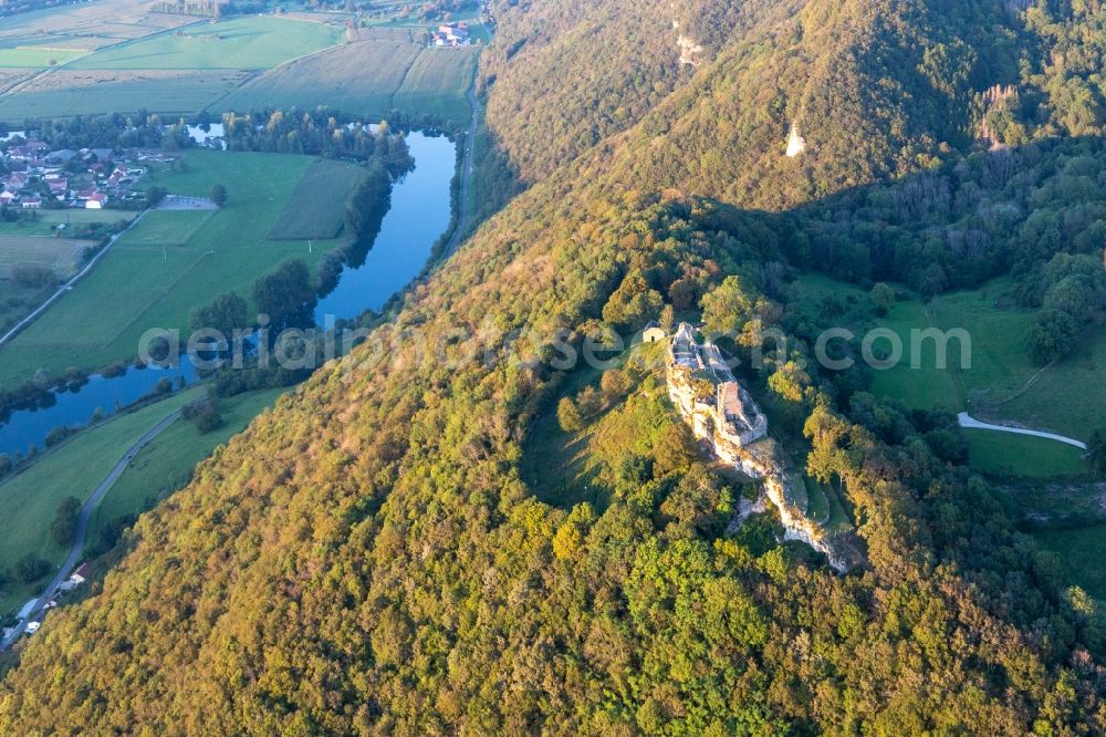 Montfaucon from the bird's eye view: Ruins and vestiges of the former castle Chateau fort de Montfaucon, Belvedere Montfaucon on top of the river Doubs in Montfaucon in Bourgogne-Franche-Comte, France