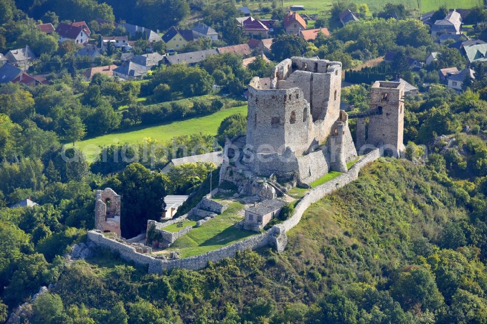 Csesznek from above - Ruins and vestiges of the former castle Cseszneki Castle in Csesznek in Wesprim, Hungary