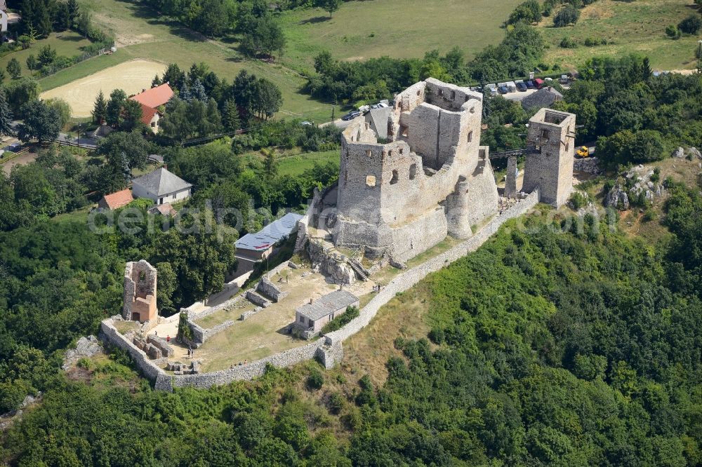 Aerial image Csesznek - Ruins and vestiges of the former castle Cseszneki Var Castle in Csesznek in Wesprim, Hungary