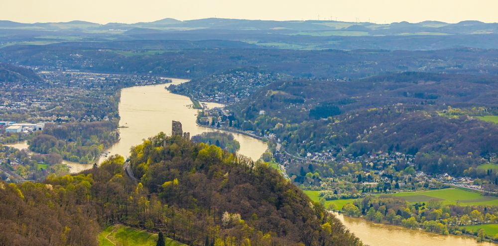 Königswinter from above - Ruins and remains of the walls of the former castle Drachenfels with a view of the Rhine in Koenigswinter in the state of North Rhine-Westphalia, Germany