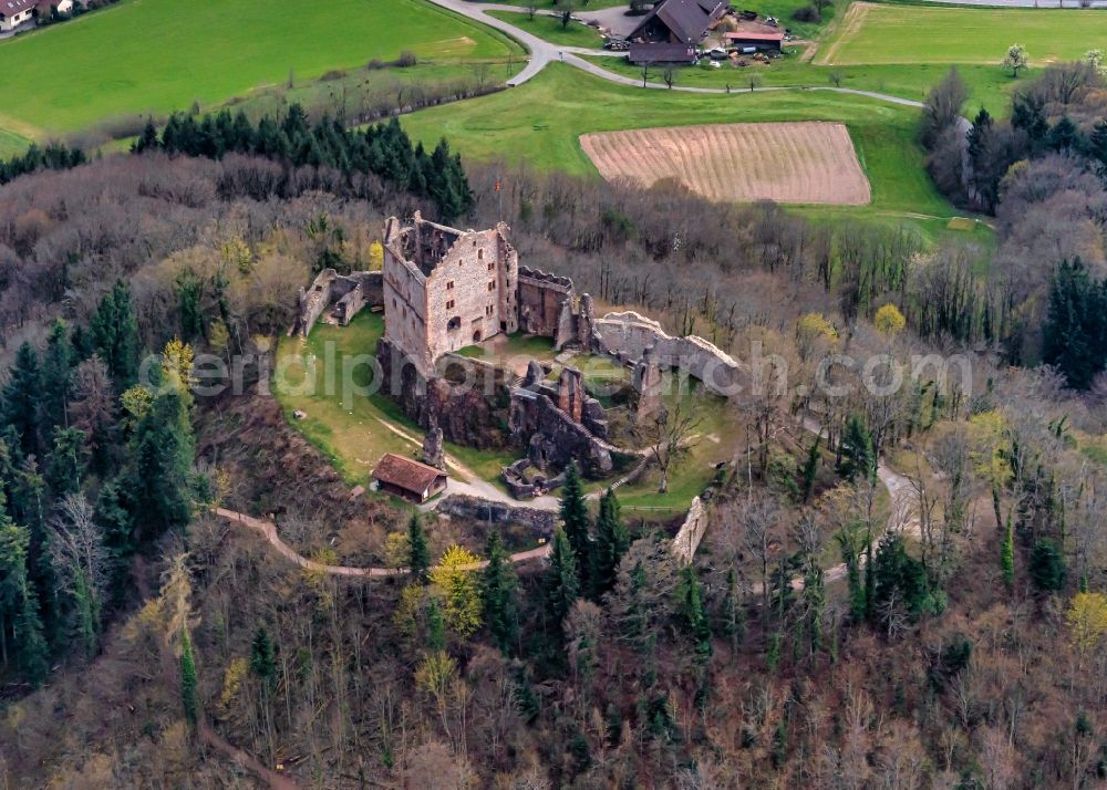 Lahr/Schwarzwald from above - Ruins and vestiges of the former castle and fortress Hohen Geroldseck in Lahr/Schwarzwald in the state Baden-Wuerttemberg, Germany