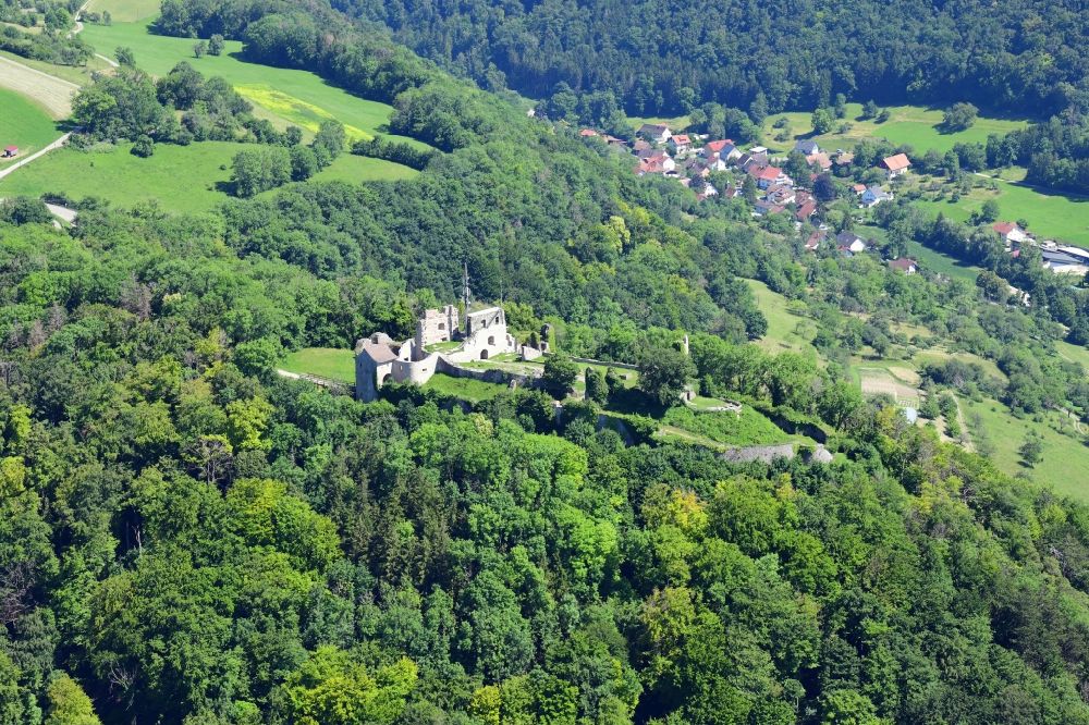 Küssaberg from above - Ruins and vestiges of the former castle Kuessaburg and the village Kuessnach in Kuessaberg in the state Baden-Wuerttemberg, Germany
