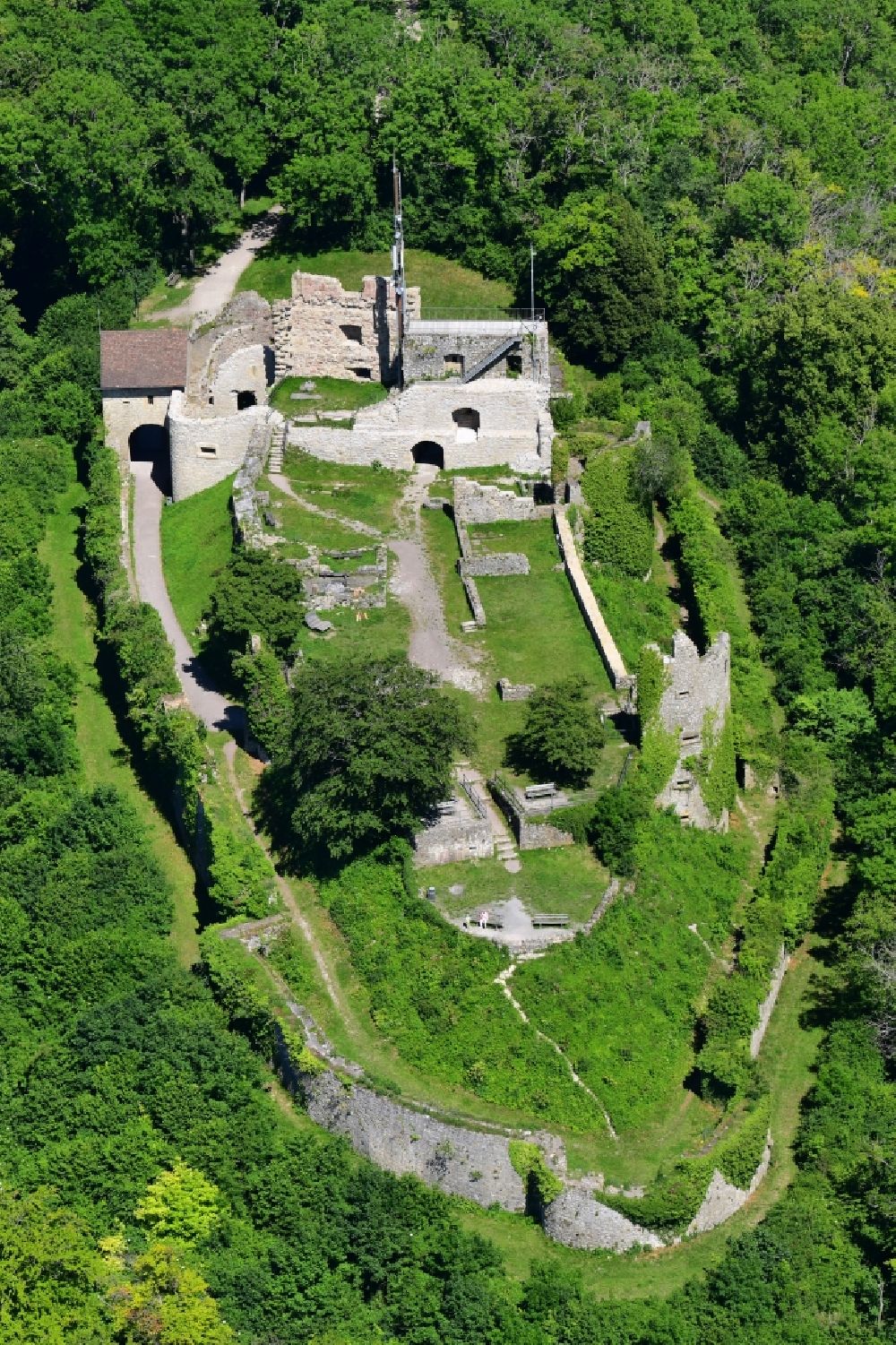 Küssaberg from above - Ruins and vestiges of the former castle Kuessaburg in Kuessaberg in the state Baden-Wuerttemberg, Germany