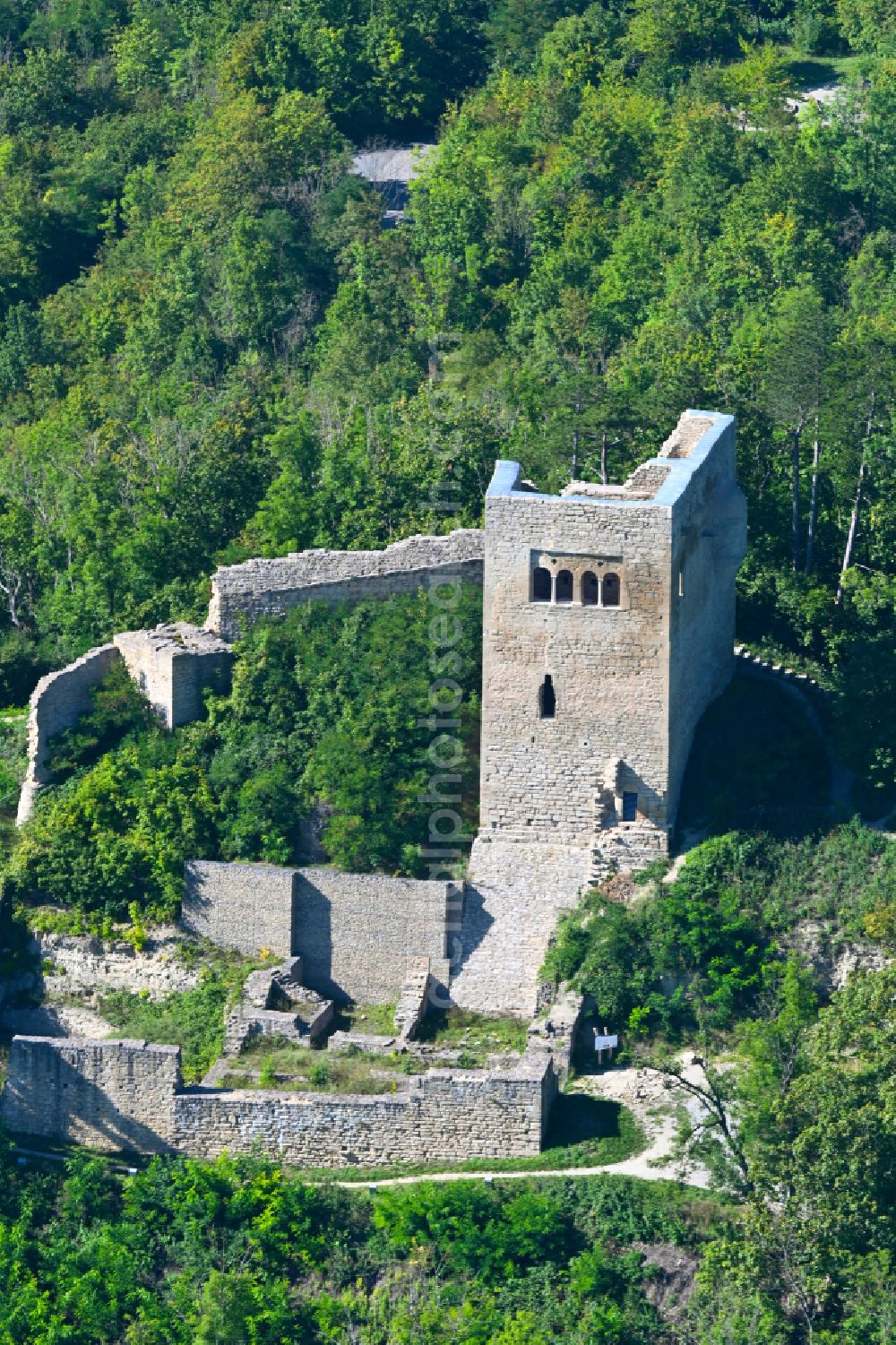 Aerial image Jena - Ruins and vestiges of the former castle Lobdeburg on street Lobdeburgweg in Jena in the state Thuringia, Germany
