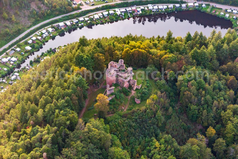 Dahn from above - Ruins and vestiges of the former castle and fortress Burgruine Neudahn in Dahn in the state Rhineland-Palatinate