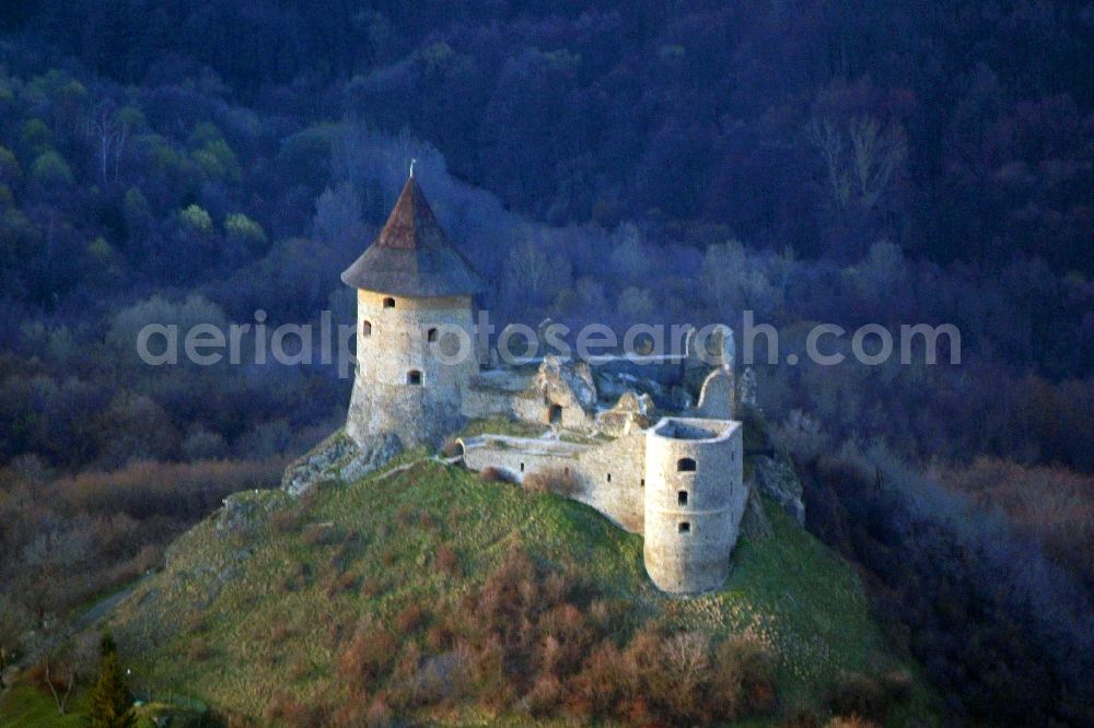 Aerial image Siatorska Bukovinka - Ruins and vestiges of the former castle A?OMOA?KA hrad in the district Somosko in Siatorska Bukovinka in Banskobystricky kraj, Slovakia
