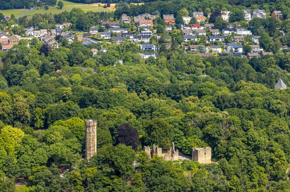 Syburg from above - Ruins and vestiges of the former castle Ruine Hohensyburg with Vincketurm on street Hohensyburgstrasse in Syburg in the state North Rhine-Westphalia, Germany
