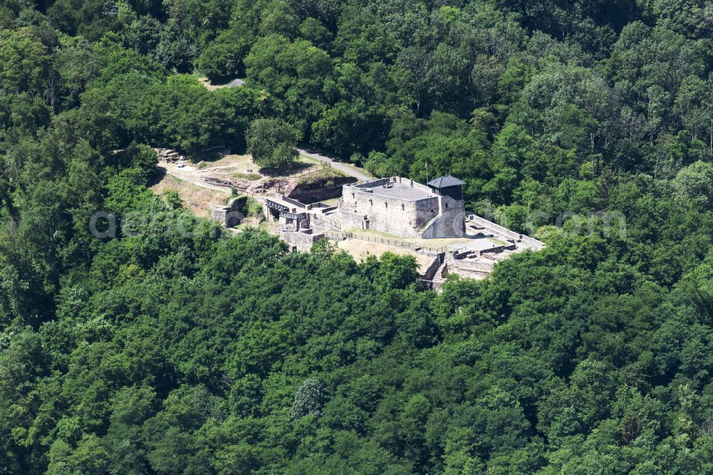 Überherrn from above - Ruins and vestiges of the former castle Teufelsburg in Ueberherrn in the state Saarland, Germany