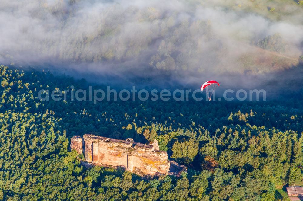 Aerial image Lembach - Ruins and vestiges of the former fortress Burg Fleckenstein with Cafe of 4 Chateaux in Lembach in Grand Est, France