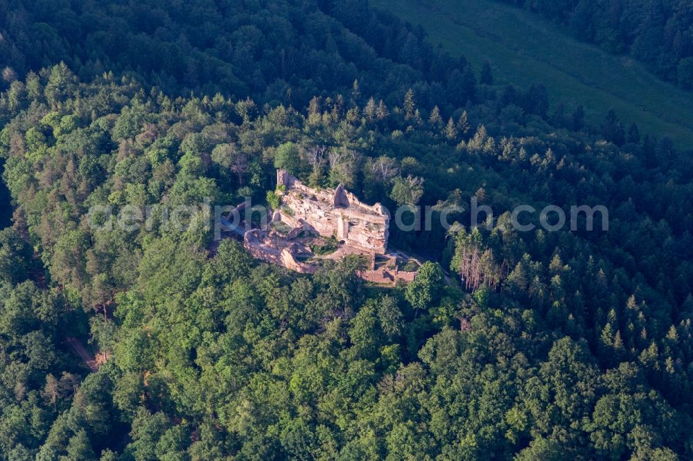 Ramberg from above - Ruins and vestiges of the former castle and fortress Burg Meistersel in Ramberg in the state Rhineland-Palatinate, Germany