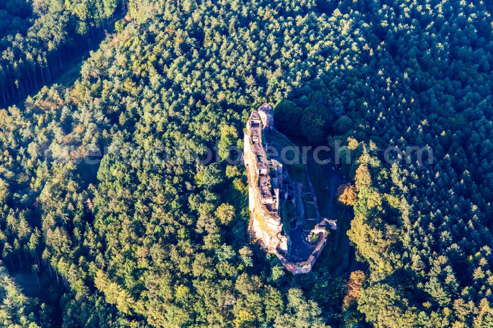 Aerial image Lembach - Ruins and vestiges of the former fortress Burg Fleckenstein in Lembach in Alsace-Champagne-Ardenne-Lorraine, France