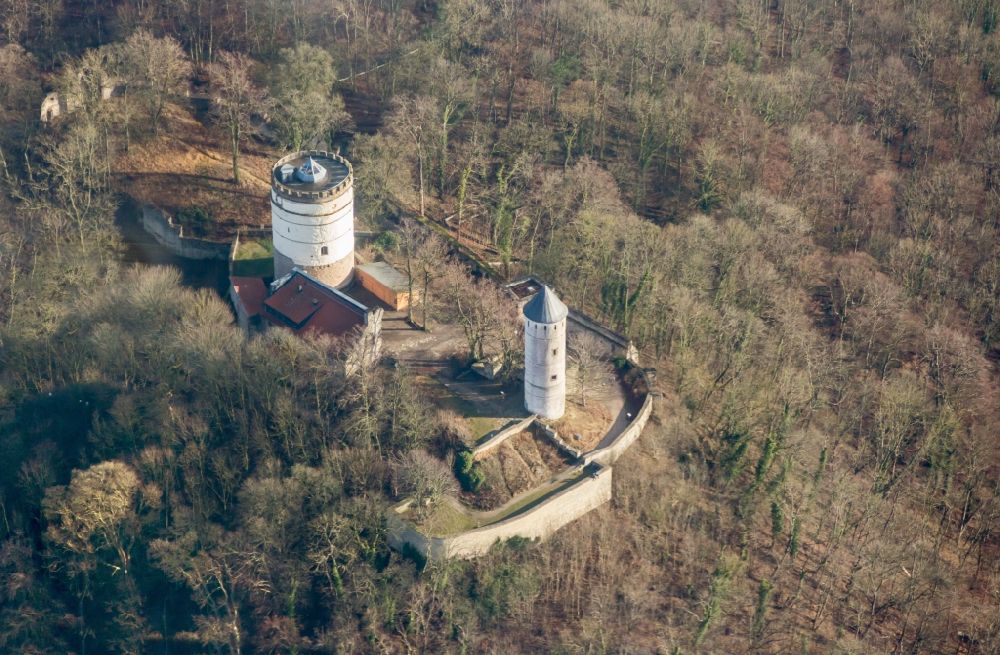 Bovenden from above - Ruins and vestiges of the former castle and fortress Plesse in Bovenden in the state Lower Saxony, Germany