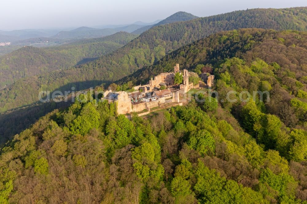 Aerial image Eschbach - Ruins and vestiges of the former castle and fortress Burgruine Madenburg in Eschbach in the state Rhineland-Palatinate