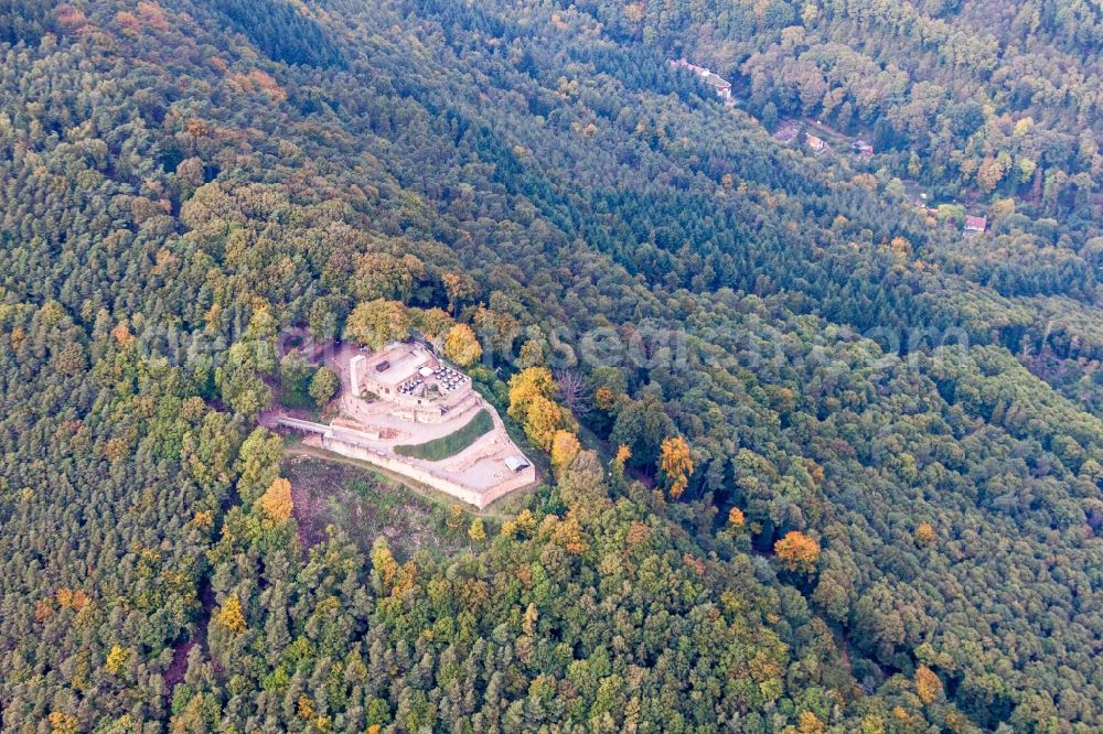 Aerial image Rhodt unter Rietburg - Ruins and vestiges of the former castle and fortress Burgruine Rietburg in Rhodt unter Rietburg in the state Rhineland-Palatinate, Germany