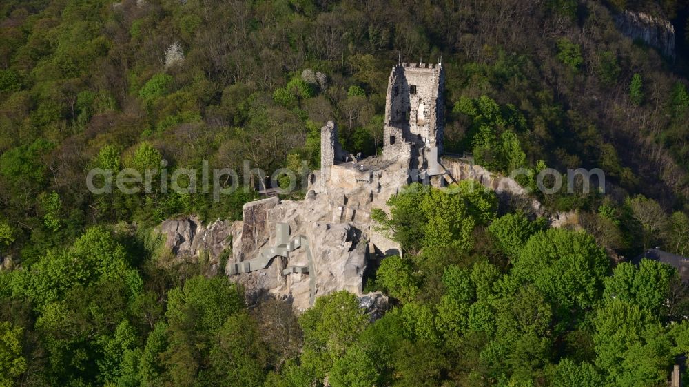 Aerial image Königswinter - Ruins and remains of walls of the former castle complex of the Veste after the rock was renovated in Koenigswinter in the state of North Rhine-Westphalia, Germany