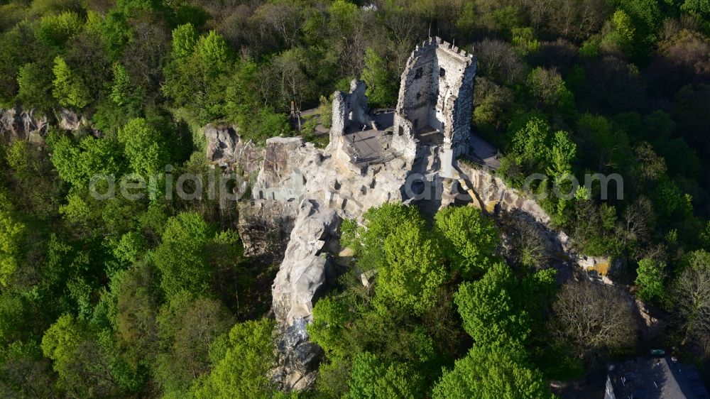 Königswinter from above - Ruins and remains of walls of the former castle complex of the Veste after the rock was renovated in Koenigswinter in the state of North Rhine-Westphalia, Germany