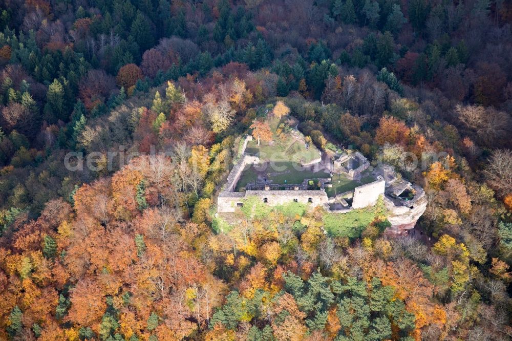 Vorderweidenthal from above - Ruins and vestiges of the former castle and fortress Lindelbrunn in Vorderweidenthal in the state Rhineland-Palatinate